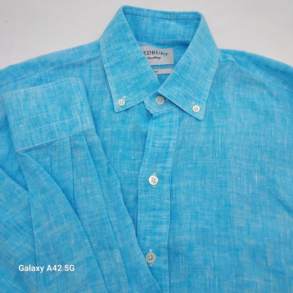 Ledbury Slim Fit Linen Button Down Shirt Mens Medium Blue Long Sleeve S2-022-503